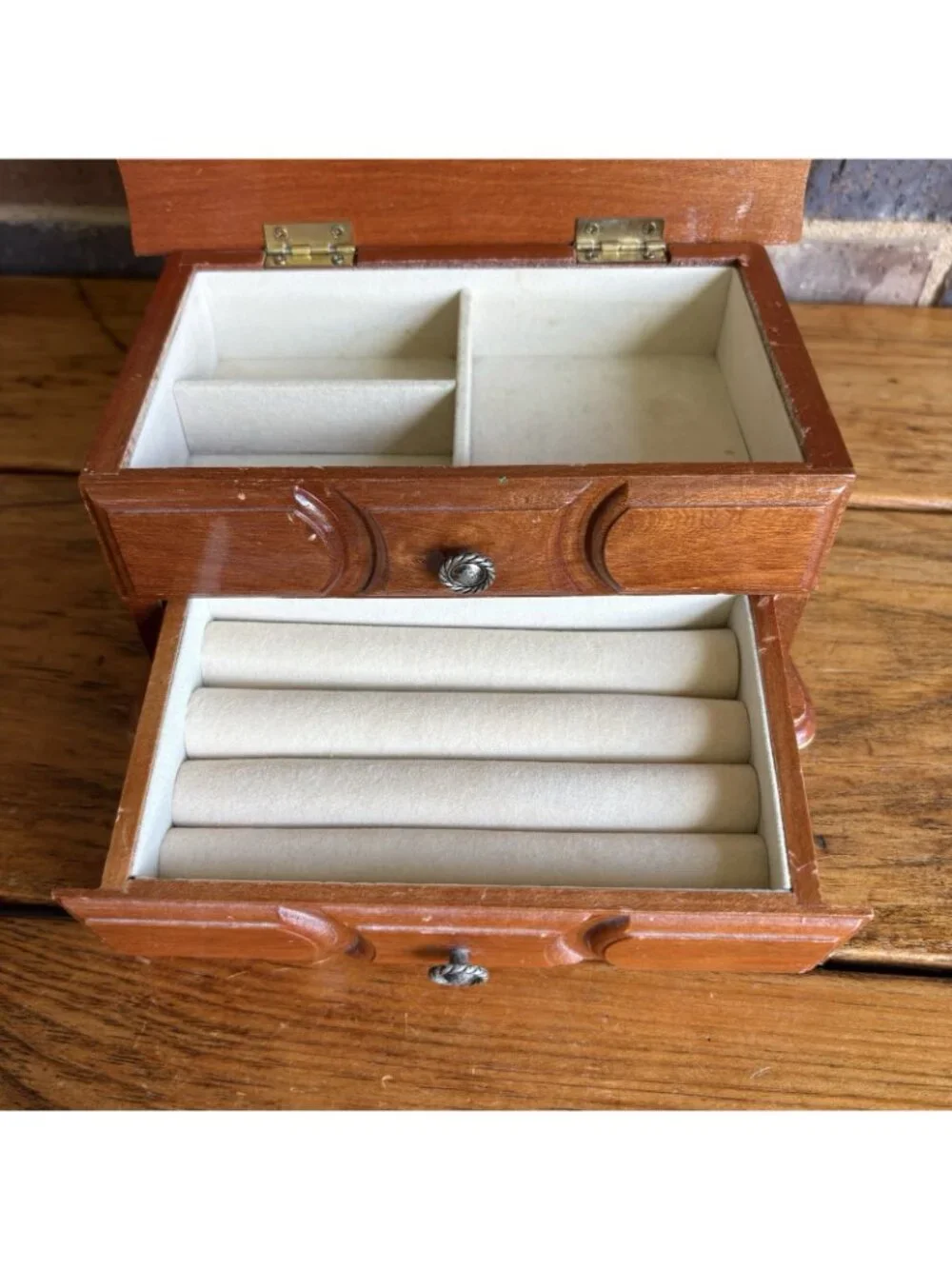 Vintage Small  Wooden Jewelry Box With Drawer Floral Decoupage Rub-on Transfer
